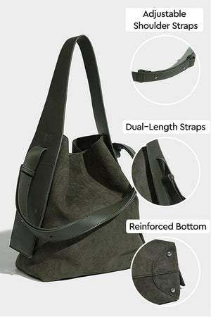 Vintage Charm Bag suede with adjustable dual-length straps and reinforced bottom, spacious and stylish everyday handbag