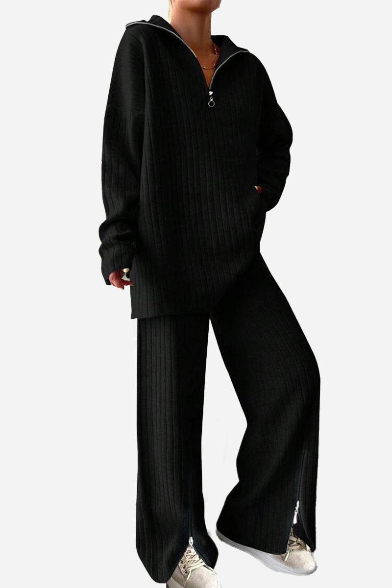 Plus-size black ribbed knit Curve-Loving Work from Home Comfort Set with zip-up top and wide-leg pants.