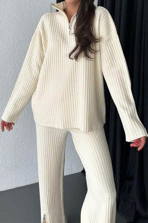 Plus-size ribbed knit work from home comfort set in cream with long sleeves and zip collar