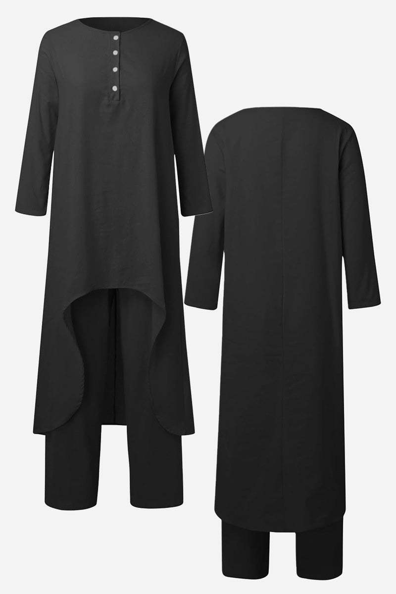 Breathable and featherlight black two-piece lounge set with long sleeves and high-low hem top