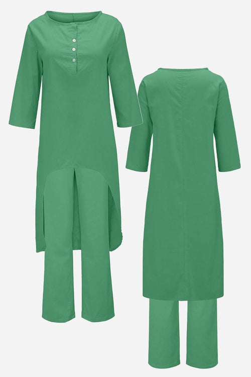 Breathable and featherlight green lounge set with long top and pants, lightweight and wrinkle-resistant fabric