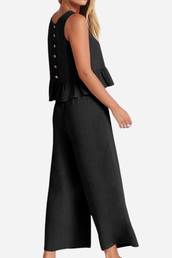 black linen-like feel set two-piece outfit with sleeveless top and wide-leg pants