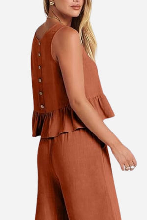 Women’s rust-colored sleeveless linen-like feel set with button-back top and matching pants