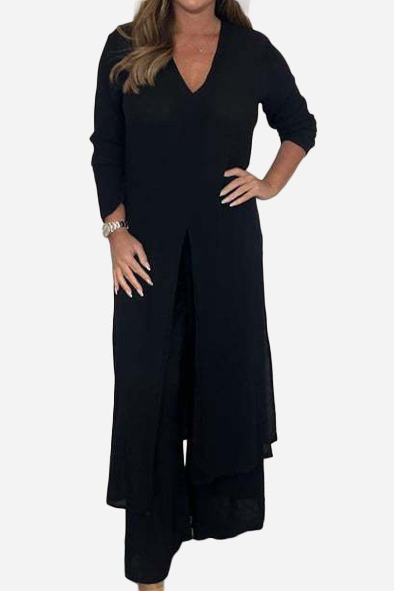 Black Urban Chic V-neck split top with long sleeves paired with matching pants two-piece set