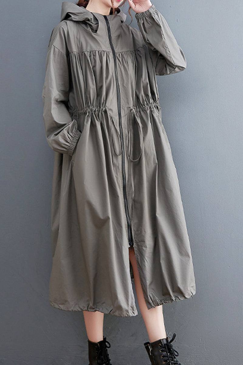 One size oversized all-weather water-resistant windbreaker jacket with hood and drawstring waist in neutral gray color.