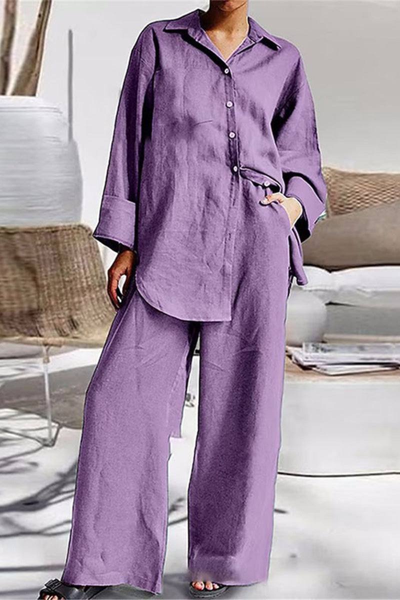 Relaxed fit purple Vacation Essentials Cotton Set with oversized button-up top and wide-leg pants.