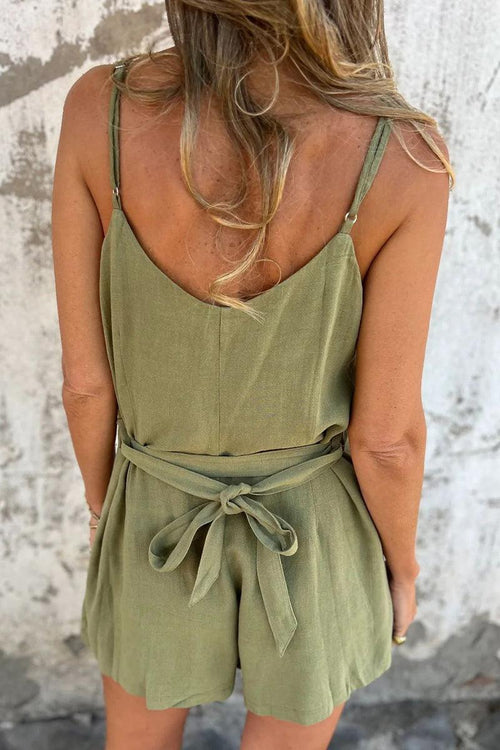 100 pure linen breathable olive green sleeveless jumpsuit with adjustable waist tie back view