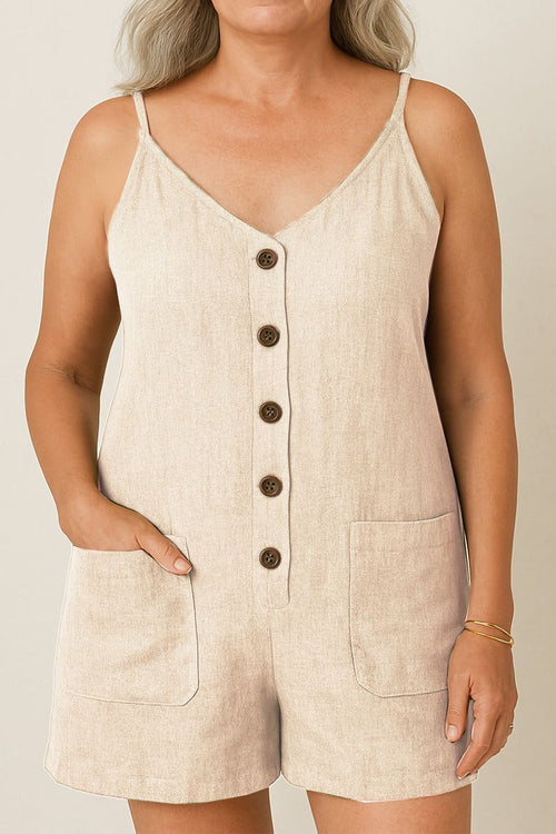 100% pure linen breathable natural comfort sleeveless jumpsuit with button front and pockets