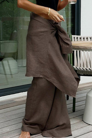 Brown 100 Cotton Wanderlust two-piece set with wrap skirt and wide-leg pants for comfortable travel style