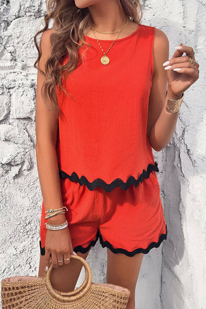 Flattering coastal scallop two-piece set in red with black scalloped trim, lightweight and breathable summer outfit for women