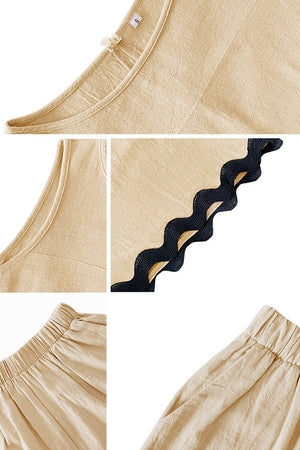 Close-up details of Flattering Coastal Scallop two-piece set in soft beige viscose fabric with scalloped hem and elastic waistband