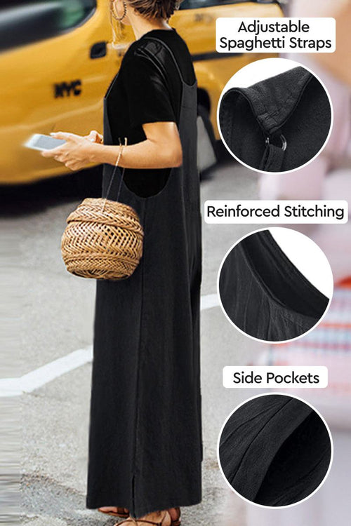 Black cotton blend comfort jumpsuit with adjustable spaghetti straps, reinforced stitching, and side pockets for everyday wear