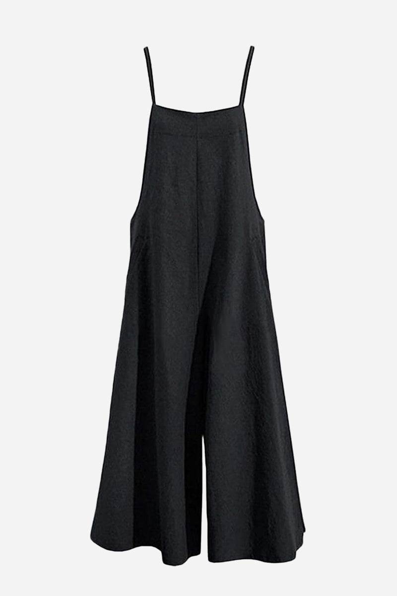 Black cotton blend comfort jumpsuit with wide-leg design and adjustable straps