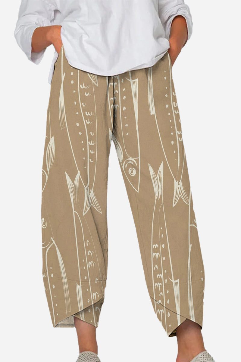 Artistic sardine pattern breathable cropped women's pants in beige with functional pockets and relaxed fit