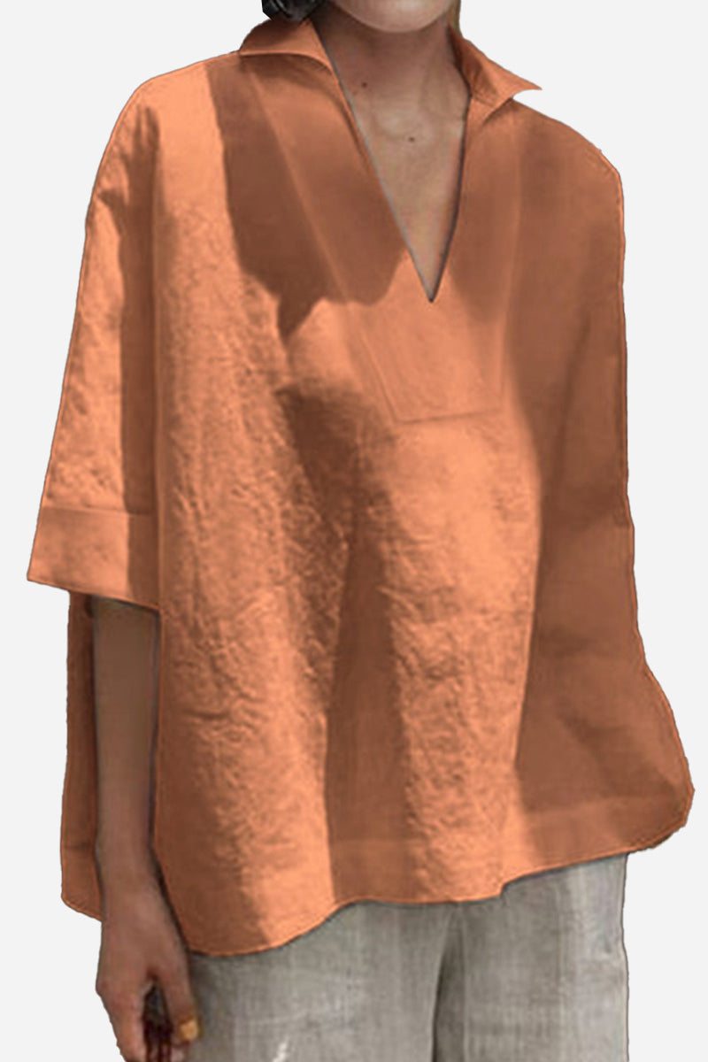 Cotton-linen V-neck relaxed fit shirt in rust orange breathable fabric