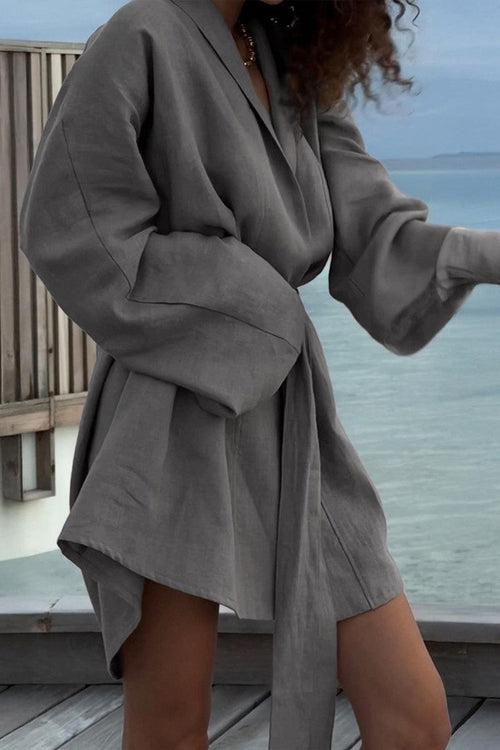 Gray cotton-linen blend luxury spa robe with relaxed kimono fit and belt detail