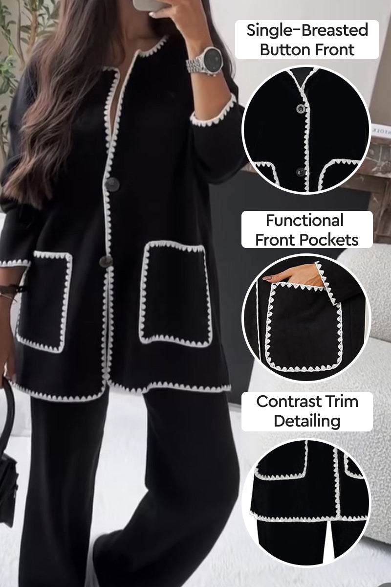 Black contrast-trim knit cardigan set with button front, functional pockets, and detailed edging