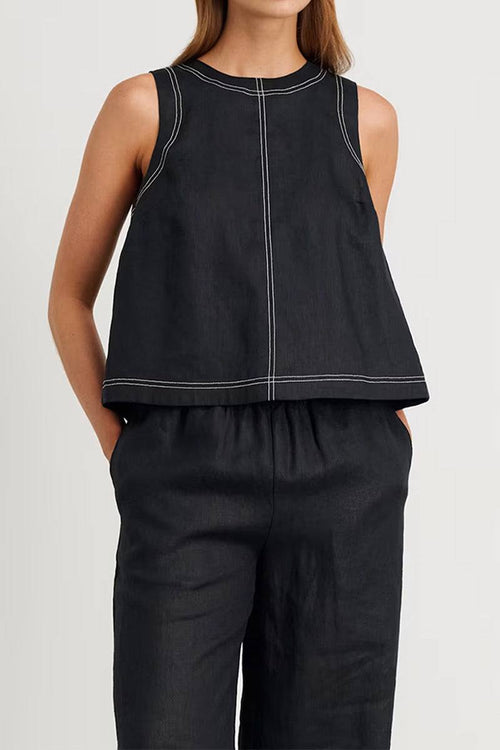 Cotton-linen relaxed two-piece set with split-back top and wide-leg trousers in black