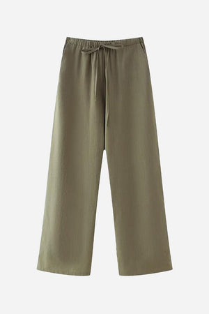 Wide-leg khaki pants from versatile Mix-Match Lounge-to-Travel Set with drawstring waist.