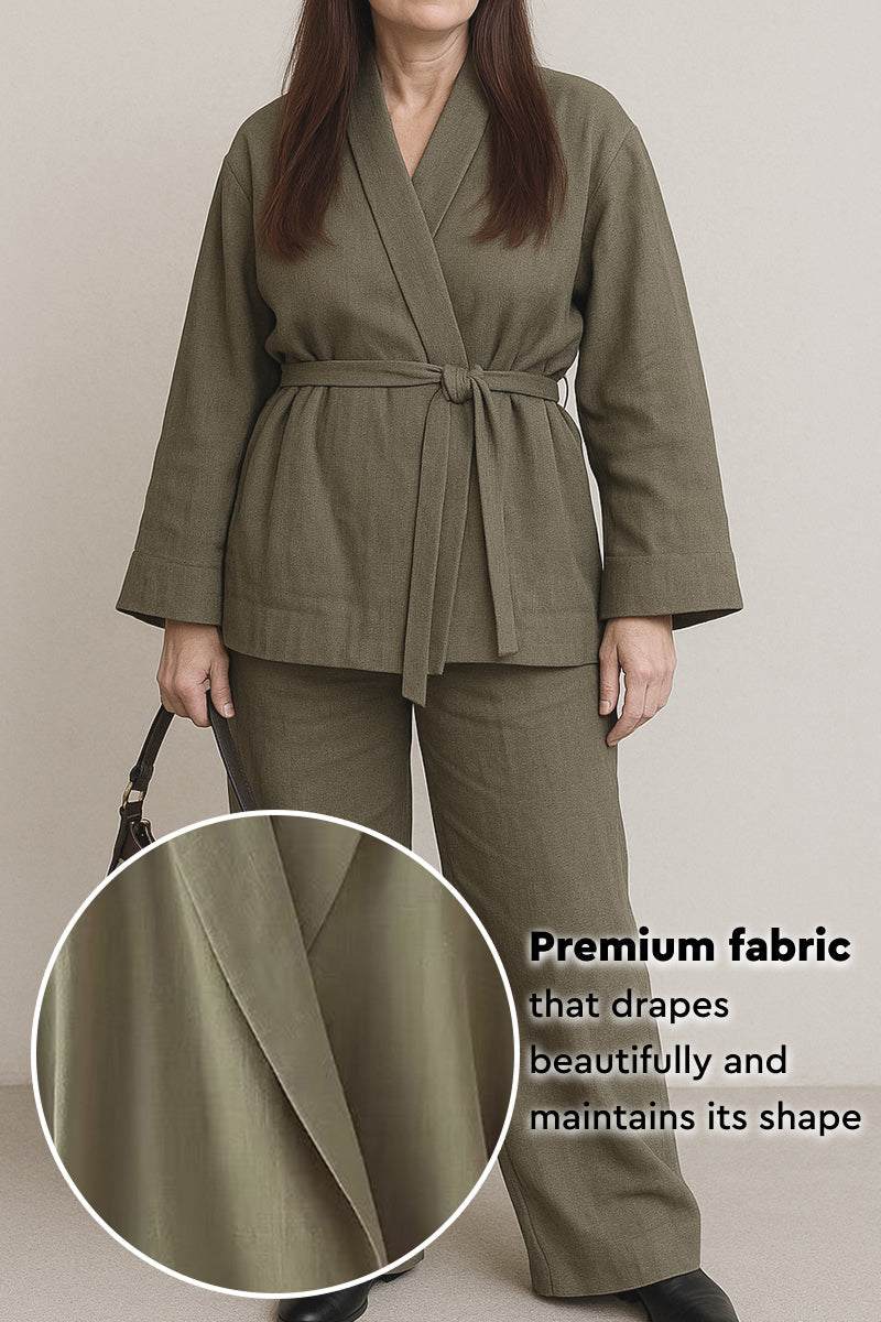 Women wearing olive green Mix-Match Lounge-to-Travel Set with belted top and wide-leg pants in premium polyester fabric