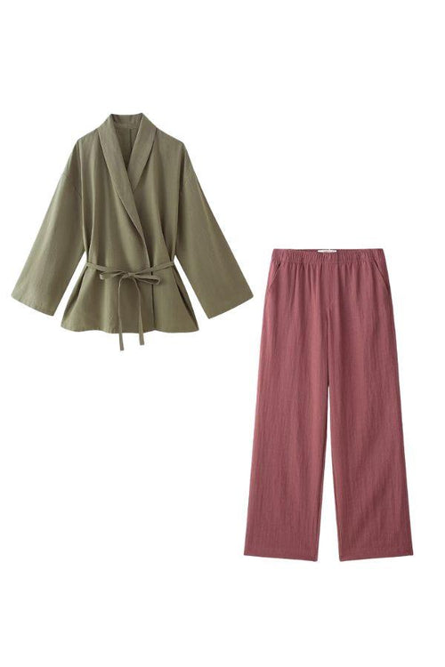Mix-match lounge-to-travel set with olive wrap top and dusty rose wide-leg pants for versatile, comfortable style.