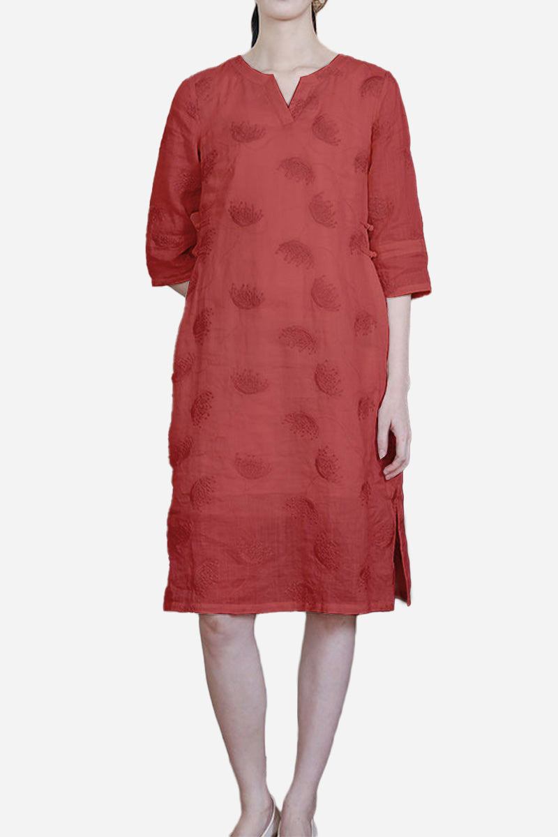 Rusty orange 100 linen dress with embroidered notch neck and 3/4 sleeves, midi length breathable linen fabric.