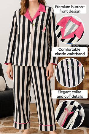 Premium moisture-wicking cotton-tencel striped pajama set with elastic waistband and button-front design