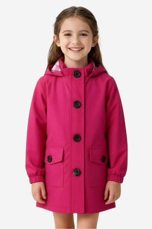 Junior water resistant oversized hooded windbreaker rain jacket for kids in bright pink