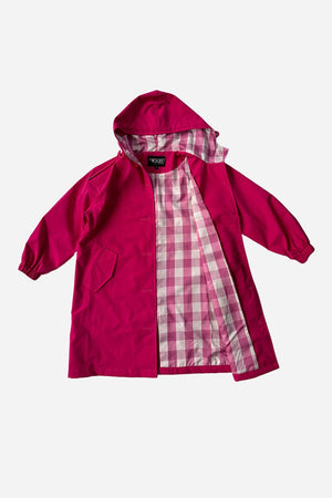 Junior water resistant oversized hooded windbreaker rain jacket in pink with checkered lining for kids