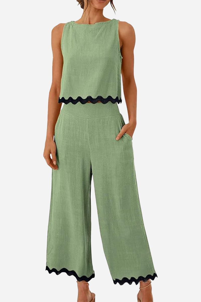 Green scalloped trim sleeveless top and wide leg pants set with pockets and elastic waistband