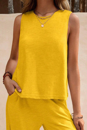 Yellow sleeveless wide leg pants set with soft, wrinkle-resistant fabric perfect for travel and casual wear