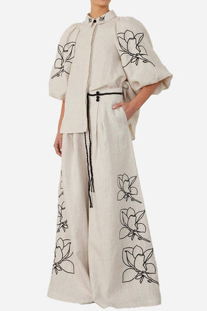 Dolce Vita Cotton Linen set with balloon sleeves and wide-leg pants featuring floral embroidery