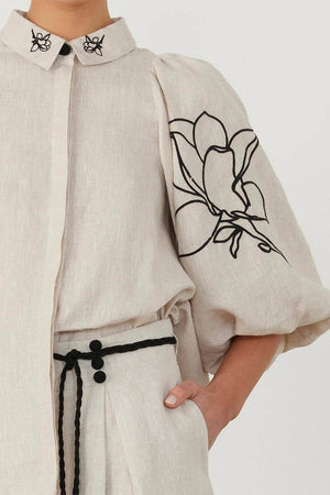 Dolce Vita Cotton Linen floral embroidered balloon sleeve top and wide-leg pants set in natural breathable fabric