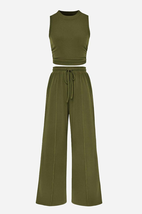 Olive green Stroll & Hangout Ribbed Knit two-piece set with sleeveless crop top and wide-leg pants