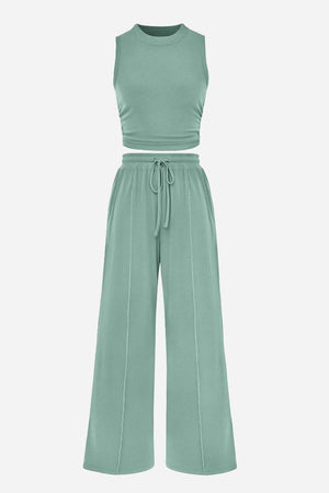 Stroll & Hangout Ribbed Knit two-piece set with sleeveless top and wide-leg pants in soft green
