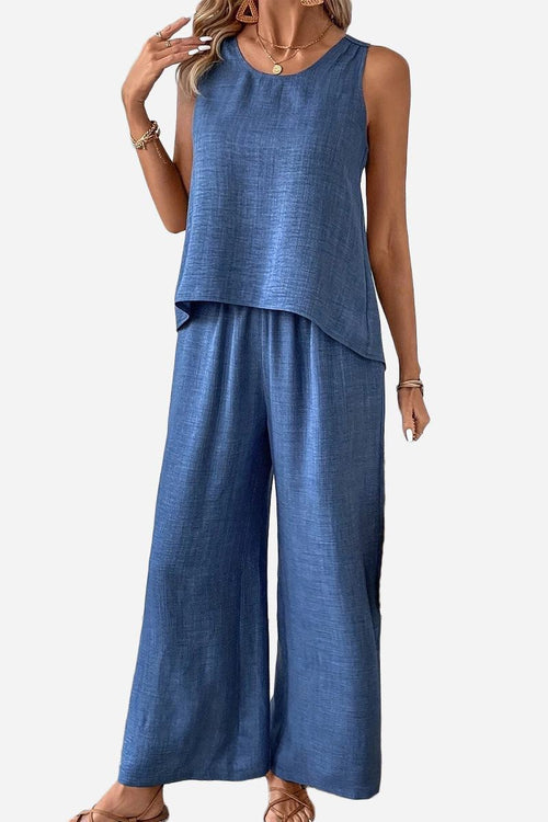 Dreamcatcher Crochet-Back sleeveless top and wide-leg palazzo pants two-piece set in blue linen-look fabric