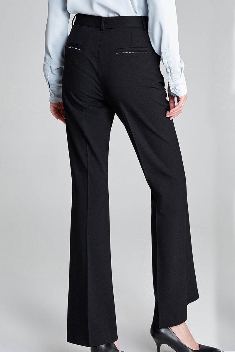 Black professional retro stretch trousers with high-waisted straight-leg fit and tailored seams for a sleek silhouette
