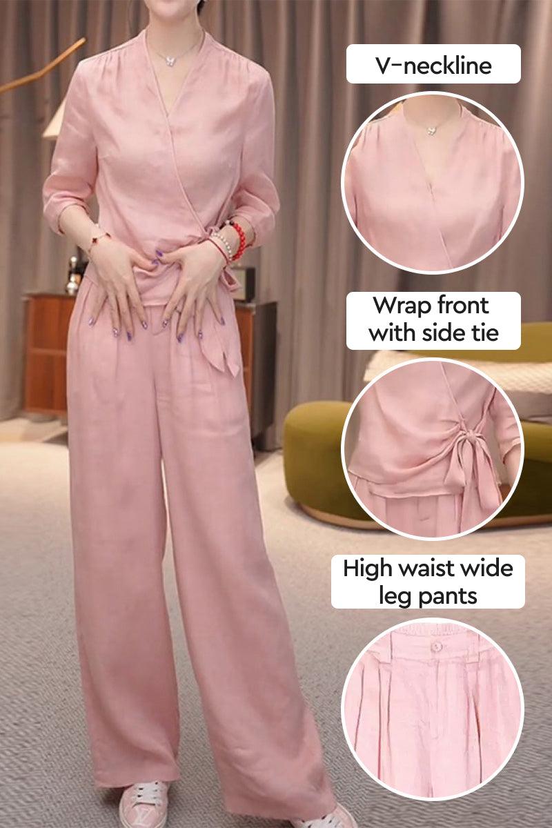 Breathable cotton-linen pink wrap top and wide leg pants set with V-neckline and side tie detail