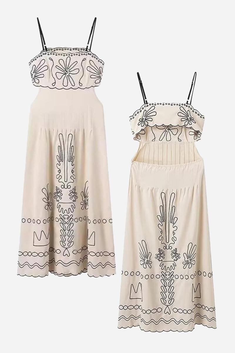 artisan embroidered scallop bohemian maxi dress with floral and geometric patterns and adjustable spaghetti straps