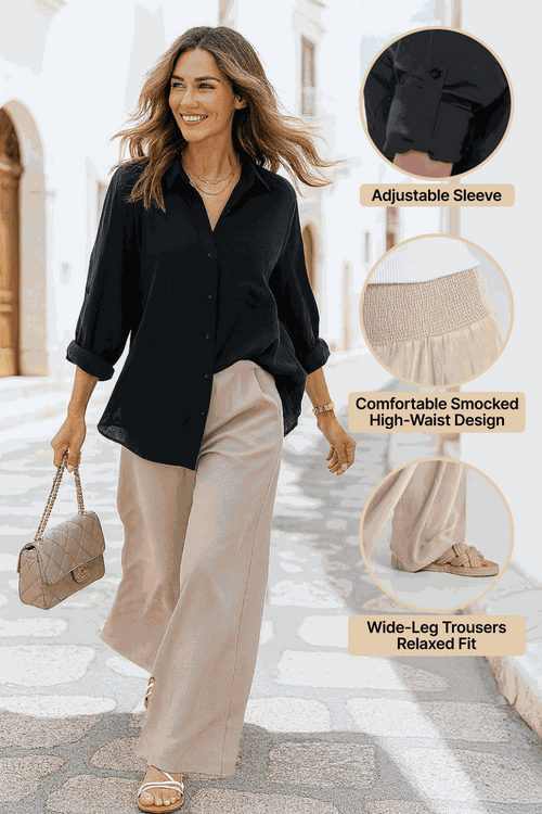 Woman wearing Oversized Linen Leaved-IN Set with black oversized linen-blend shirt and beige wide-leg palazzo pants walking outdoors