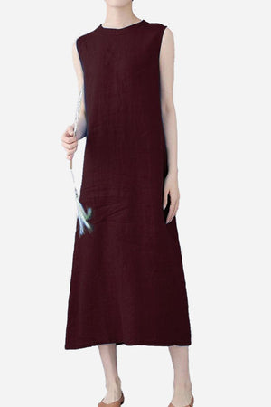 Sunrise Market 100 linen midi dress sleeveless breathable A-line wine red elegant summer essential
