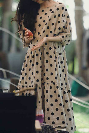 Cottage Garden 100 linen dress with black polka dots and relaxed tiered fit