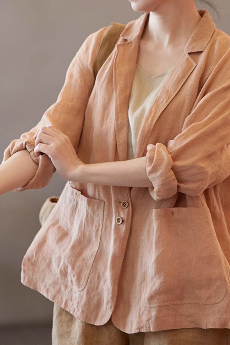Women's peach linen jacket shirt with notched lapel collar and front pockets, lightweight breathable 100% linen fabric perfect for layering.