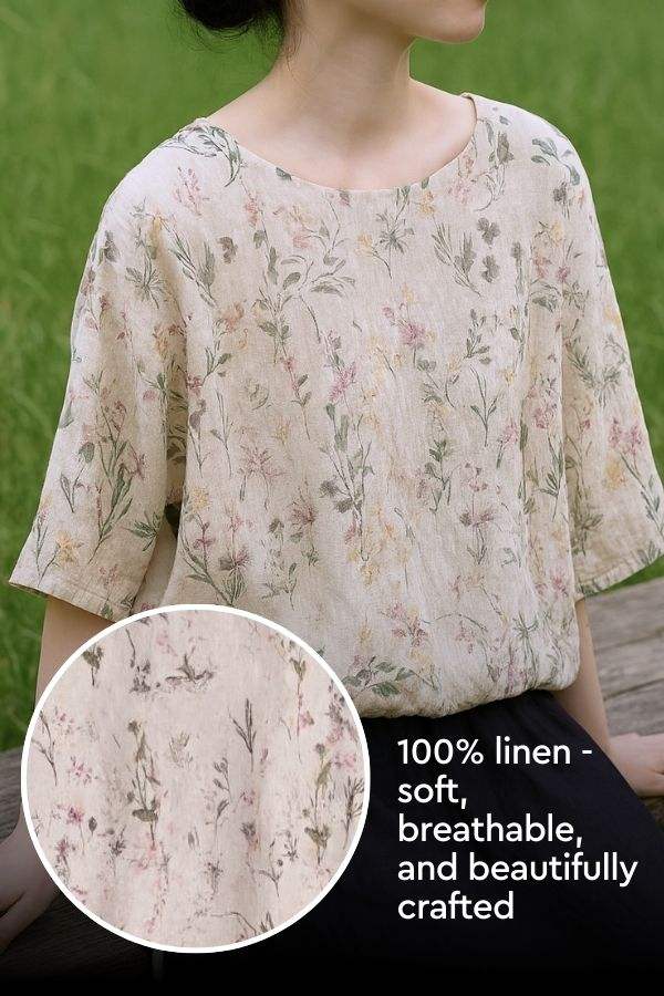 Botanical Garden 100% linen blouse with soft breathable fabric and delicate floral print