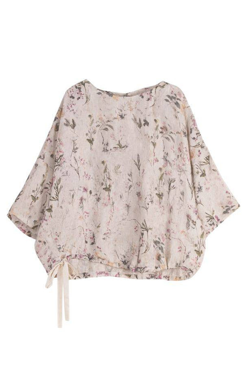 Botanical Garden linen blouse with floral print and drawstring hem