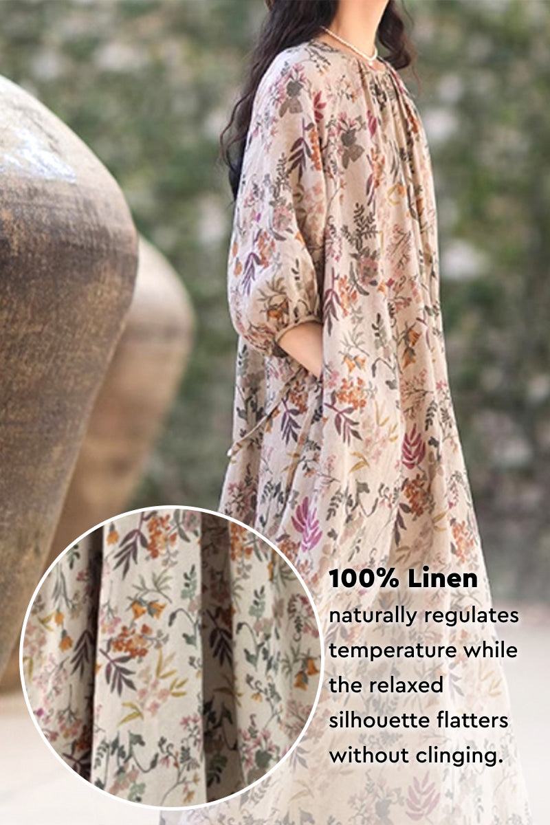 Italian Summers 100% Linen maxi dress with floral print, relaxed fit, and breathable fabric
