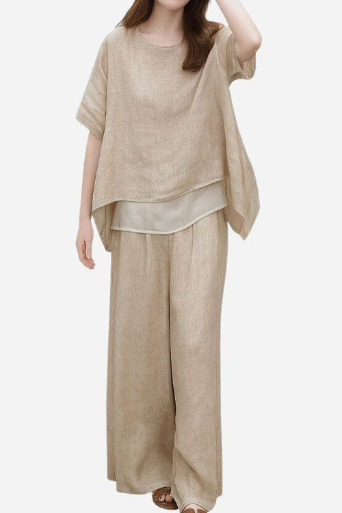 Women's Provence Cotton Linen blend two-piece set with layered top and wide-leg trousers in beige.
