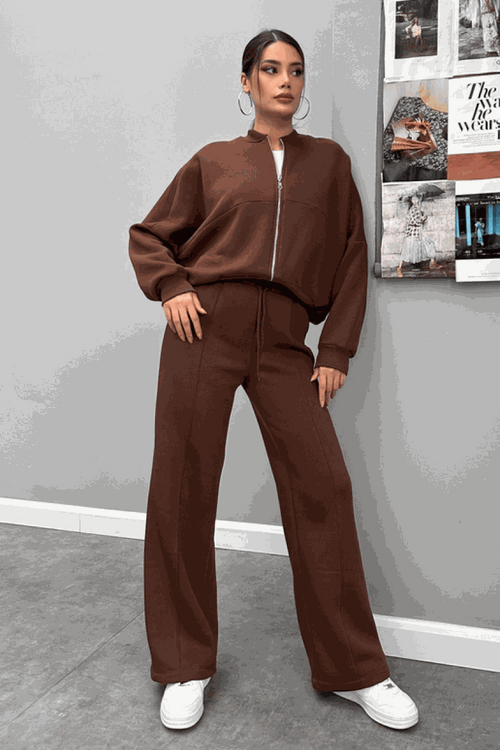 The Voyager Zip Set brown zip-front sweatshirt and wide-leg joggers travel outfit