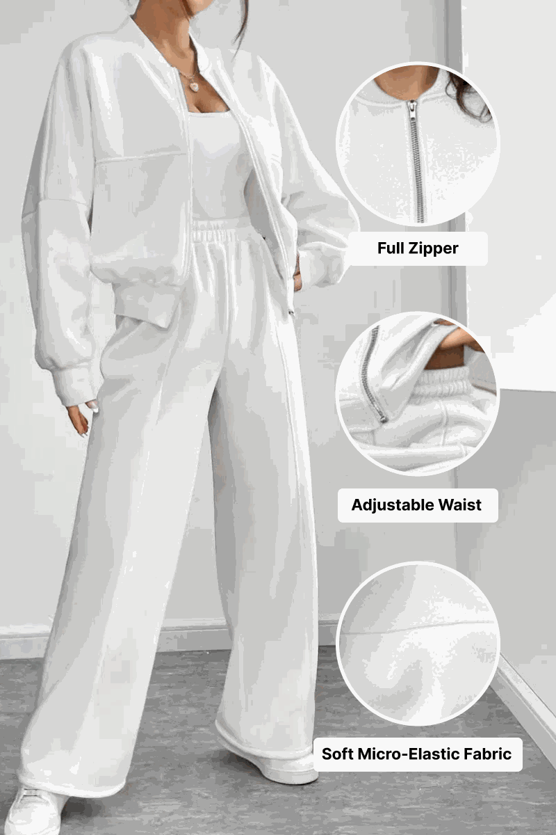 The Voyager Zip Set in white featuring a full zipper sweatshirt and adjustable waist wide-leg joggers made from soft micro-elastic fabric