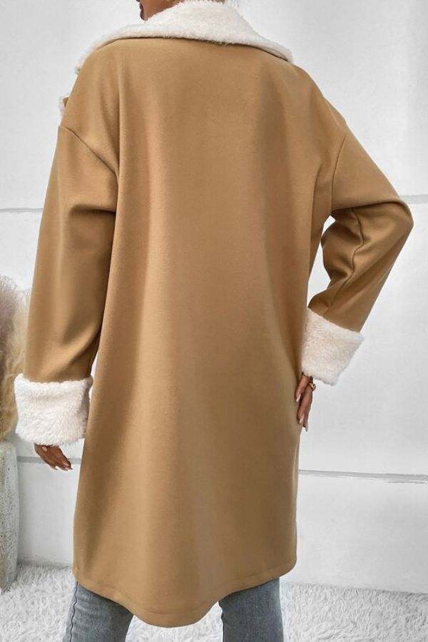 Nordic Warmth Shearling-Lined Coat in camel with soft faux shearling collar and cuffs, warm and lightweight winter outerwear